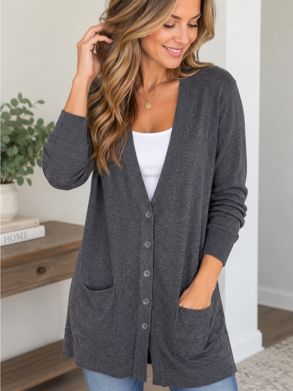 Old Navy Long & Lean Cardigan XL Dark Heather Gray Button Front Pockets